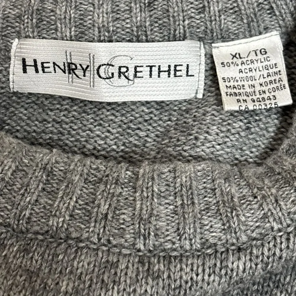 Henry Grethel Men's XL Grey Crewneck Chunky Knit Wool Blend Grandpa Sweater